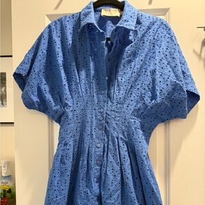 Tobi Button Front Pleated Shirtdress, Blue Eyelet- Exquise
